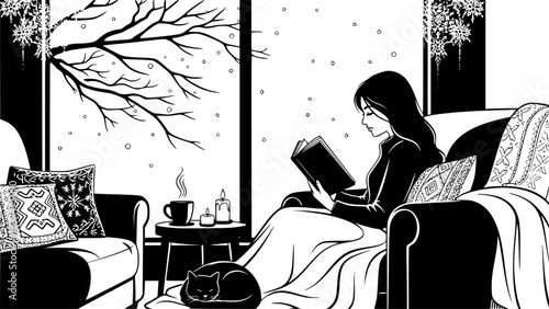 Cozy winter scene silhouette with woman reading book at home
