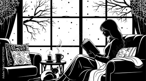 Cozy winter scene silhouette with woman reading book at home
