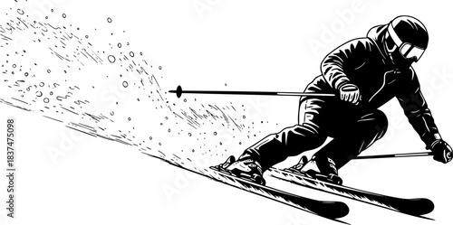 Black silhouette of skier in motion skiing winter sport
