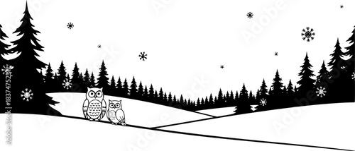 Black and White Winter Landscape with Owls and Snowflakes Vector
