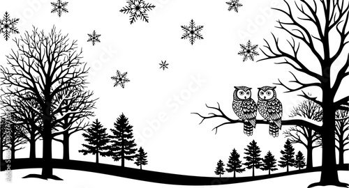 Black and White Winter Landscape with Owls and Snowflakes Vector
