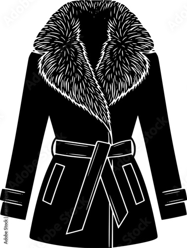 Stylish black winter coat with luxurious fur collar and belt, classic outerwear icon design Vector
