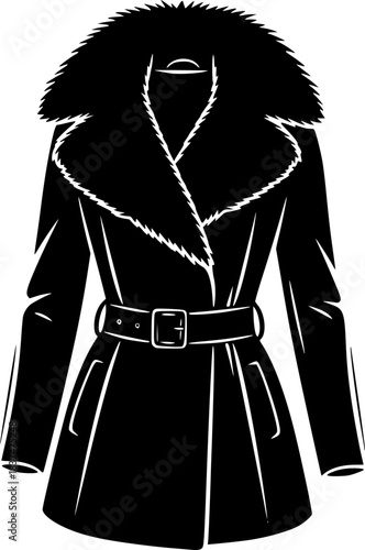 Stylish black winter coat with luxurious fur collar and belt, classic outerwear icon design Vector
