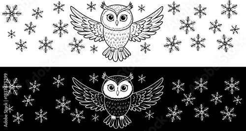 Cartoon owl with snowflakes, image set, seamless border, isolated vector image, two versions on transparent and black backgrounds, pencil drawing, chalk drawing