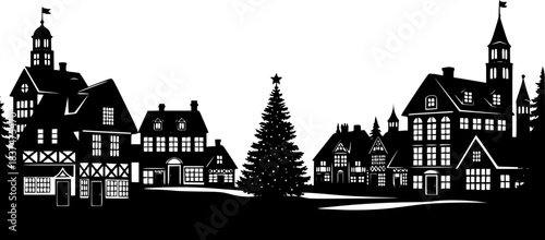 Black silhouette of a cozy village nestled among evergreen trees with smoke from chimneys houses
