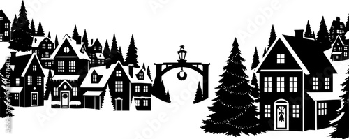 Black silhouette of a cozy village nestled among evergreen trees with smoke from chimneys houses
