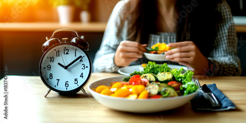 An alarm clock sits on the table, indicating it s time for a meal while a person enjoys a healthy dish during intermittent fasting