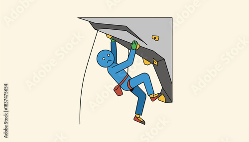 A rock climber suspended midascent gripping a challenging overhang with a focus on their next move.