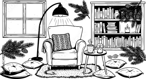 Cozy Winter Cabin Icons. Solid style icons of Winter Cabin: Wood Stove, Fireplace, Rug, Chair, Blanket, Candle, Stack of Books,
