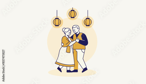 An older couple sharing a slow romantic dance under the soft glow of lanterns embodying the timelessness of folk traditions passed through generations.
