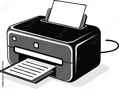 Black printer printing documents with paper output and input tray for office use.
