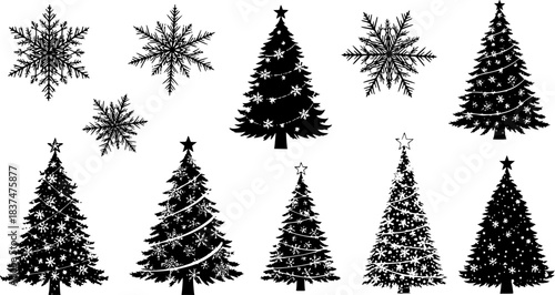 Black Christmas trees and snowflake outlines create a festive silhouette set on a white backdrop
