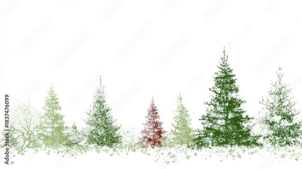Fototapeta premium A scenic view of various evergreen trees in shades of green and red set against a white background. The trees create a festive atmosphere perfect for the winter season.