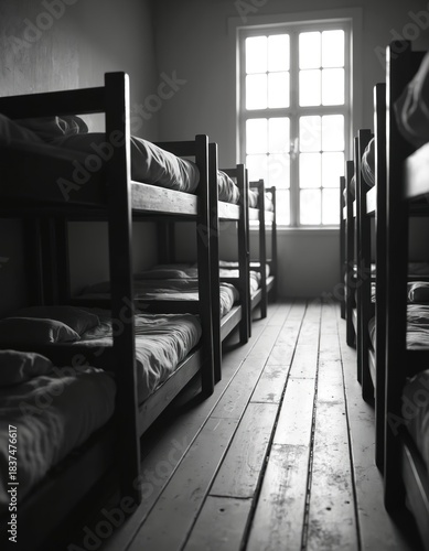 Rows of empty bunk beds stand in stark, spartan military barrack room. Large window illuminates simple dormitory interior. Worn wooden floorboards hint at past use. Communal sleeping area feels