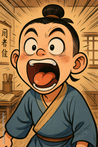 Surprised young scholar with mouth wide open, eyes wide, and hair in a bun, expressing shock in traditional clothing in a school setting.