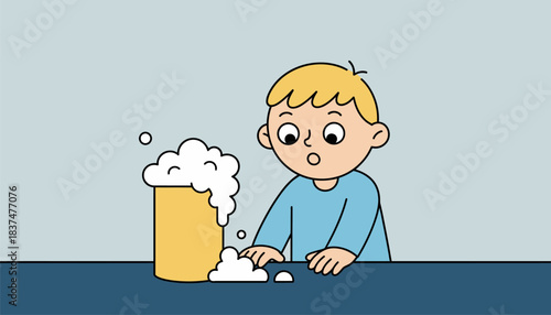 A child observing a reaction between vinegar and baking soda with eyes wide in amazement as foam spills over a container.