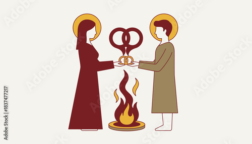 A couple exchanging rings in front of a sacred fire symbolizing their commitment and the start of their journey together.