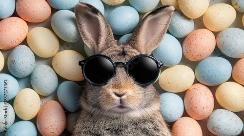 A rabbit with sunglasses lies among pastel colored Easter eggs in varied shades. This scene captures a fun whimsical moment during spring festivities perfect for celebrating Easter joy.