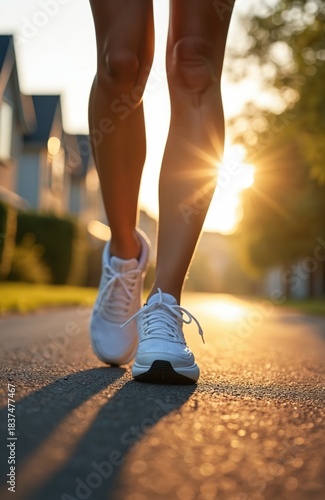 Woman walks on suburban street in white sneakers. Sun shines brightly casting long shadows on the pavement. Houses and green trees blur in background.