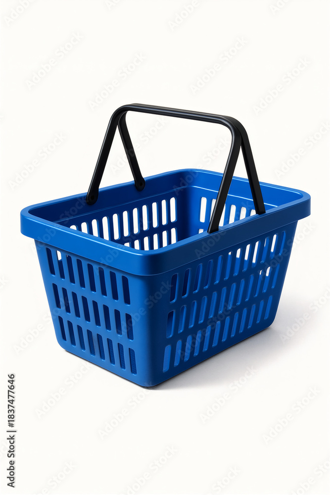 Fototapeta premium A blue shopping basket with black handles on a white background. Ideal for grocery shopping, retail purchases, or carrying household items.