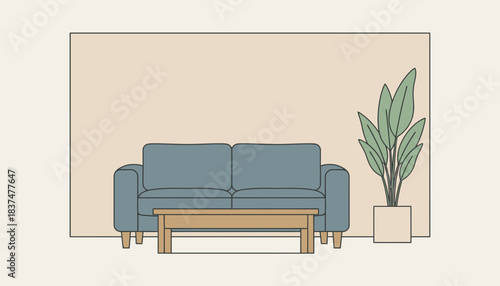 A sp living room with a single couch facing a blank wall a small coffee table in front and a single tall plant in the corner adding a touch of nature.
