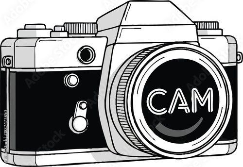 Classic camera design with a prominent lens and detailed body capturing moments.