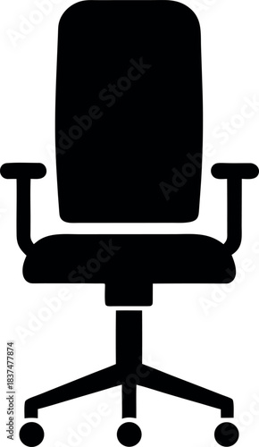 Black Silhouette of Office Desk Chair with High Backrest, Armrests, and Five-Wheel Base Illustration