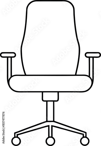 Black and White Line Drawing of Ergonomic Office Desk Chair with Vertical Seams and Wheeled Base