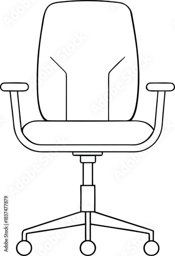 Black and White Line Drawing of Office Desk Chair with Cushioned Backrest, Armrests, and Wheeled Base
