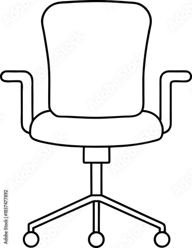 Black and White Line Drawing of High Back Office Desk Chair with Armrests and Wheeled Base Illustration