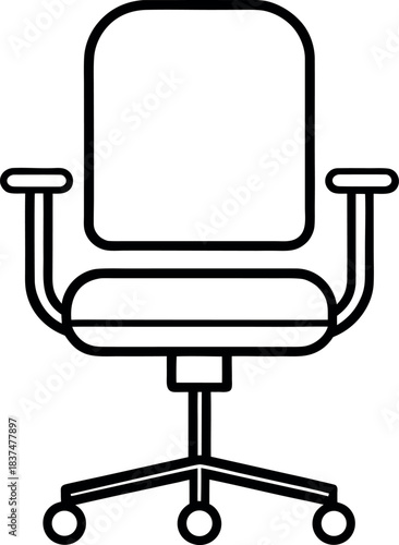 Black and White Line Drawing of Ergonomic Office Desk Chair with Armrests and Wheel Base Illustration