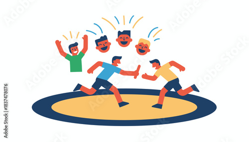 A relay race in a community event where runners pass the baton with cheers from teammates symbolizing trust and encouragement.