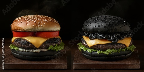Two unique burgers: one with a sesame bun and fresh toppings, the other with a bold black bun and rich ingredients