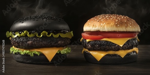 Black burger features a unique bun with cheese and fresh lettuce, served alongside a classic burger variety in Japan