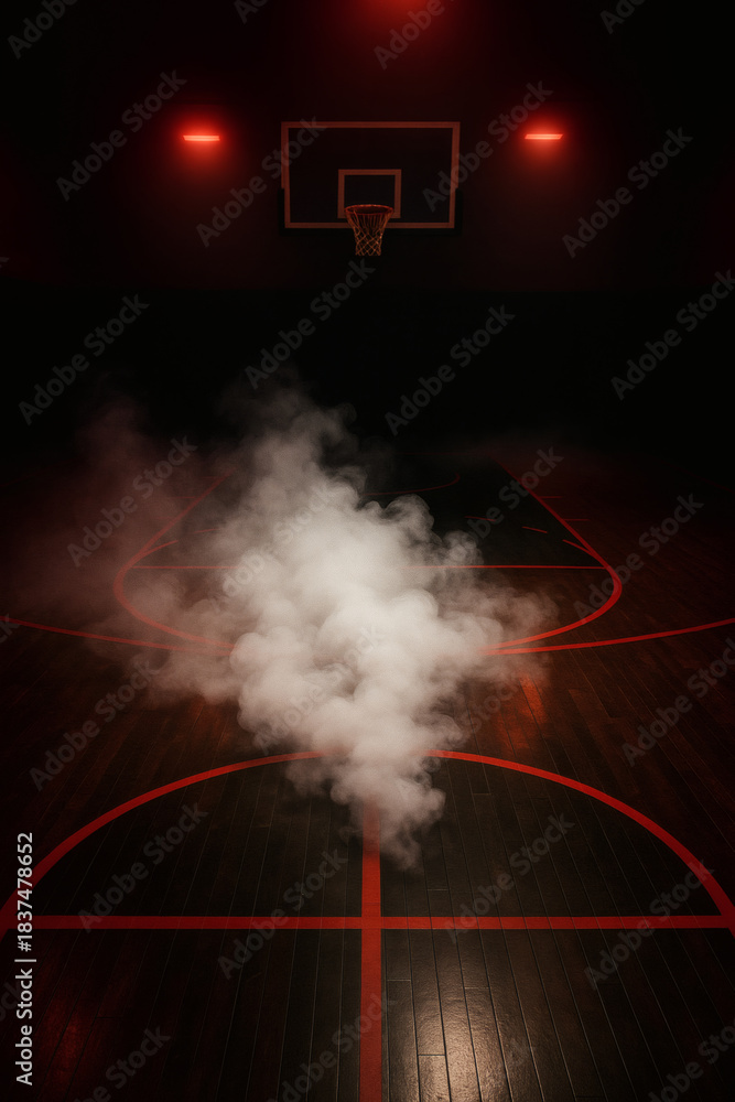 Fototapeta premium A dramatic basketball court scene, shrouded in a cloud of smoke with a rim and red court lines adding to the intense, mysterious atmosphere.