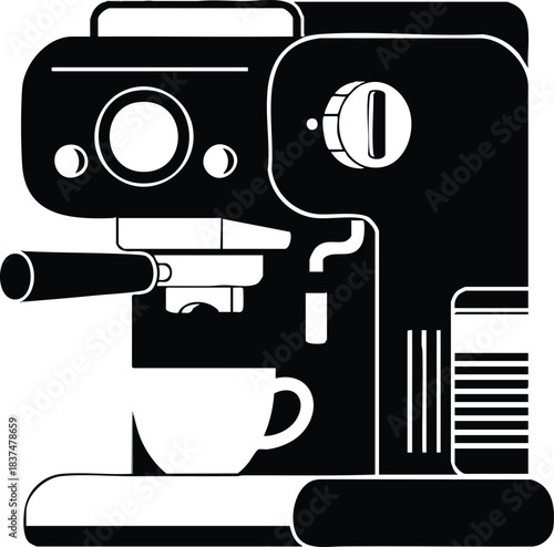 Detailed black and white illustration of a modern espresso coffee machine for brewing.