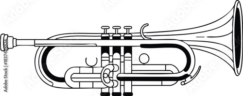 Detailed illustration of a brass trumpet musical instrument black and white.