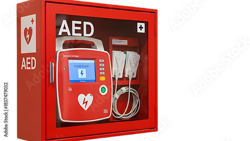 Automated external defibrillator aed in a red wallmounted cabinet, isolated on transparent background