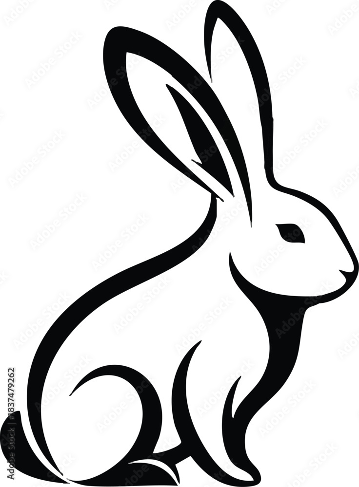 Obraz premium Elegant black and white illustration of a cute rabbit sitting attentively.