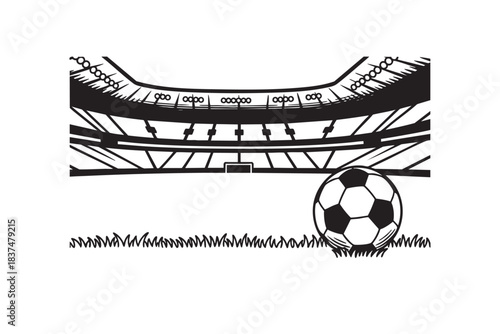 Classic illustration depicting a massive soccer football stadium with a large crowd and a ball resting on the manicured grass pitch.