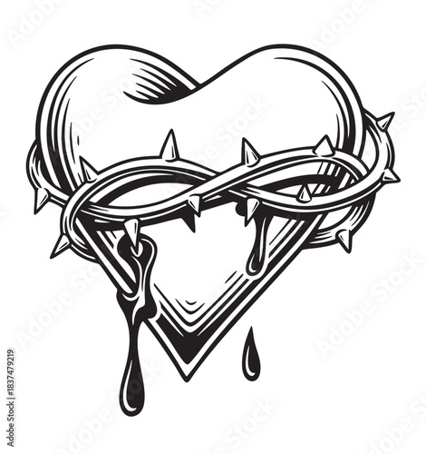 Detailed monochrome illustration of a bleeding sacred heart wrapped dramatically in a painful crown of sharp thorns.