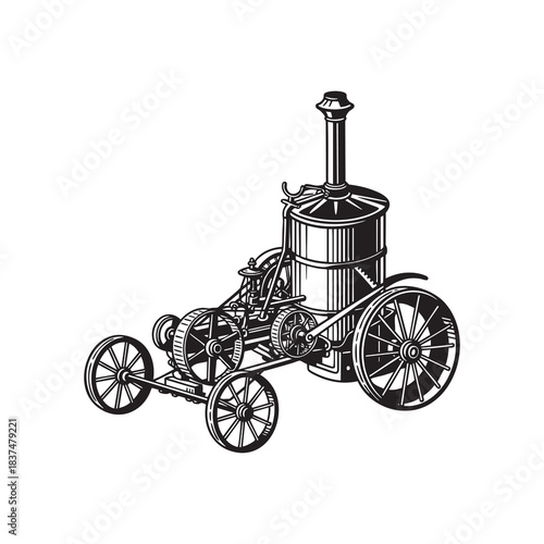Detailed vintage vector illustration showing an early steam-powered vehicle or traction engine in a three-quarter perspective view.