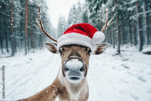 Cute reindeer wearing Santa hat and taking selfie in snowy winter forest.