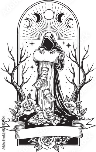 Hooded ghostly figure draped in dollar bills, surrounded by roses under the mystic arch of moon phases.