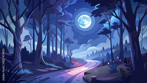 Very beautiful moonlit path winds through a shadowy forest, glowing softly beneath a bright full moon. A mystical nighttime scene filled with quiet atmosphere, deep silhouettes, and enchanting woodlan