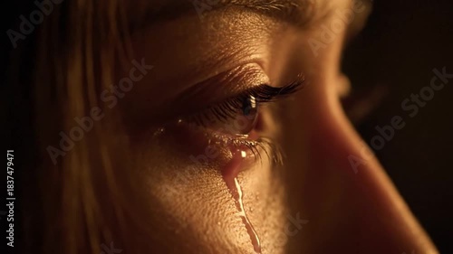 Close-up of a human eye with a tear streaming down the cheek, emotional moment