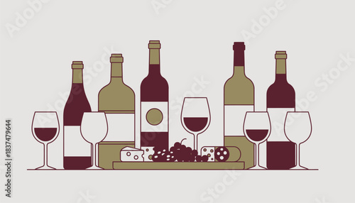 A wine or tail tasting setup showcasing an array of bottles glasses and a charerie board for sampling.