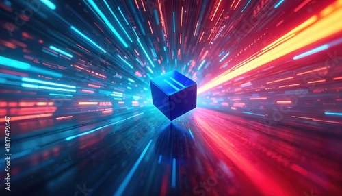 Fototapeta Naklejka Na Ścianę i Meble -  Blue cube in center of abstract digital tunnel with red blue motion lines. Neon lights, futuristic tech background, speed, energy concept, 3D illustration. Modern cyber space with vibrant colors,