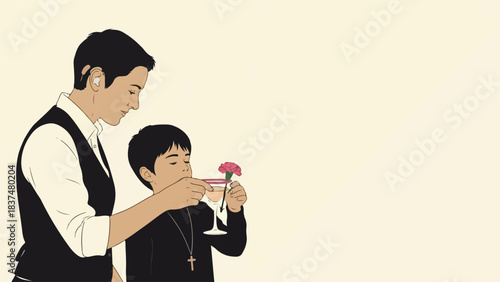 Woman shows child flower in glass. Adult gently presents delicate pink bloom to young child flower, fostering curiosity and connection. Heartwarming child flower scene for educational materials,