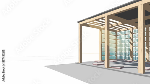 Modern pergola design featuring wooden beams and translucent wall elements, creating appealing light patterns on ground.